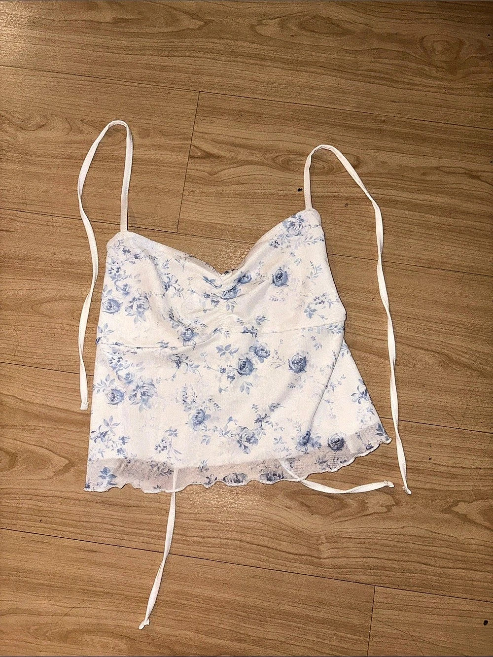 Garage Mesh Apron Back Halter Top Floral Cami in White & Blue Size Medium